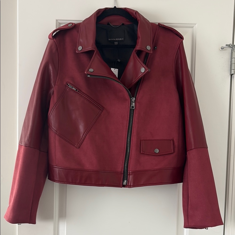NWT Banana Republic Red Vegan Leather & Suede Biker Jacket Womens Sz XL